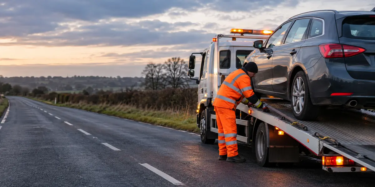 Recovery operator loading a stranded car onto a flatbed recovery truck